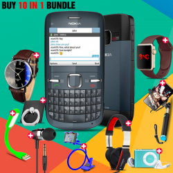 10 in 1 Bundle Offer , Nokia C3 Mobile Phone ,Portable USB LED Lamp, Wired Earphones, Ring Holder, Headphone, Mobile Holder, Macra Watch, Yazol Watch, Selfie Stick, Mp3 Player